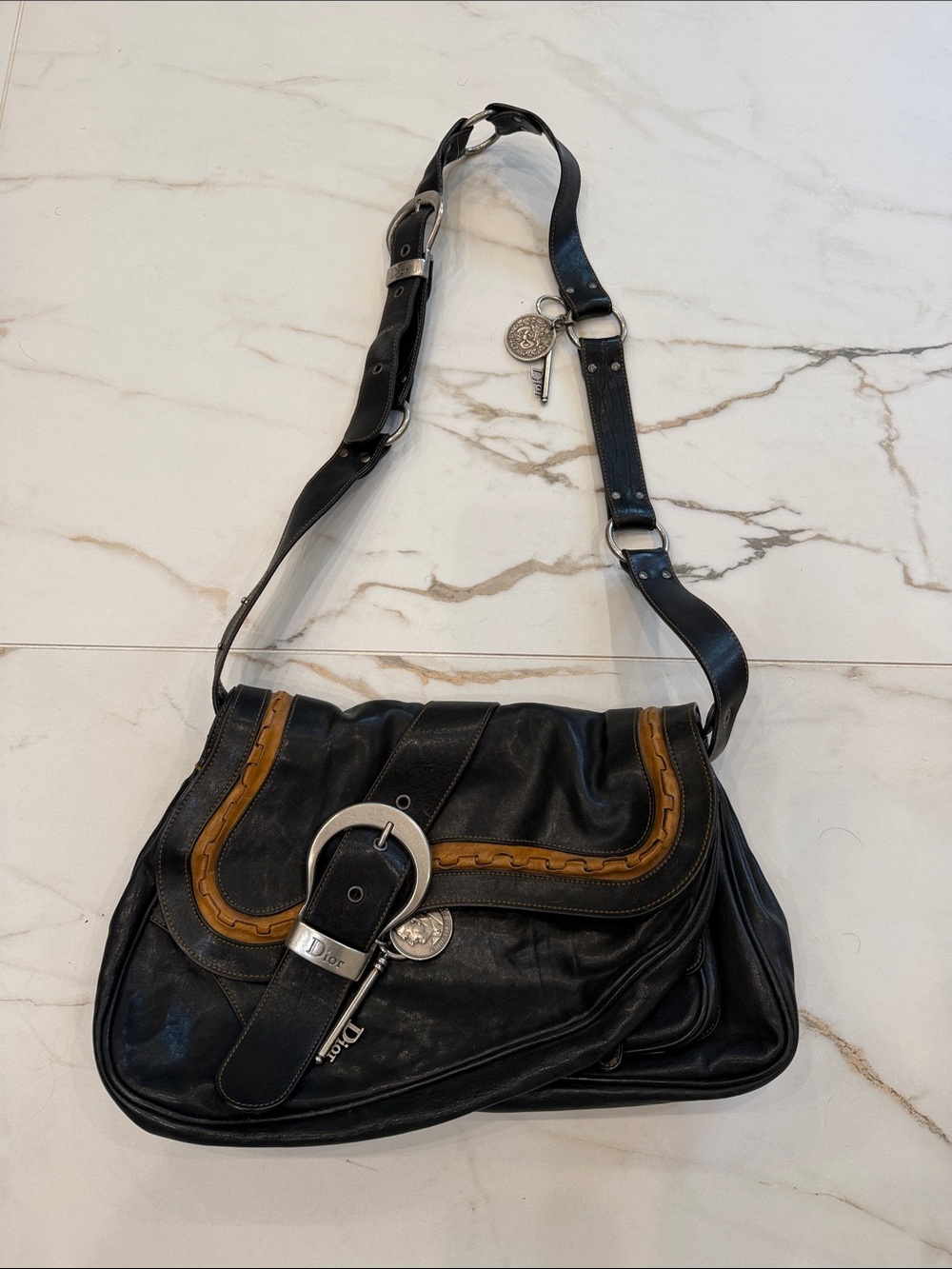 Dior Black Leather Shoulder Bag with Brown Trim - Picture 1 of 11